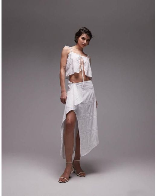 SNDY'S White Cotton Embroidered Square Neck Cami Tie Front Floaty Top Co-Ord