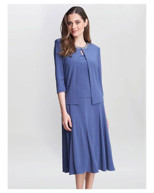 Gina Bacconi Blue Delores Jersey Midi A-Line Jacket Dress