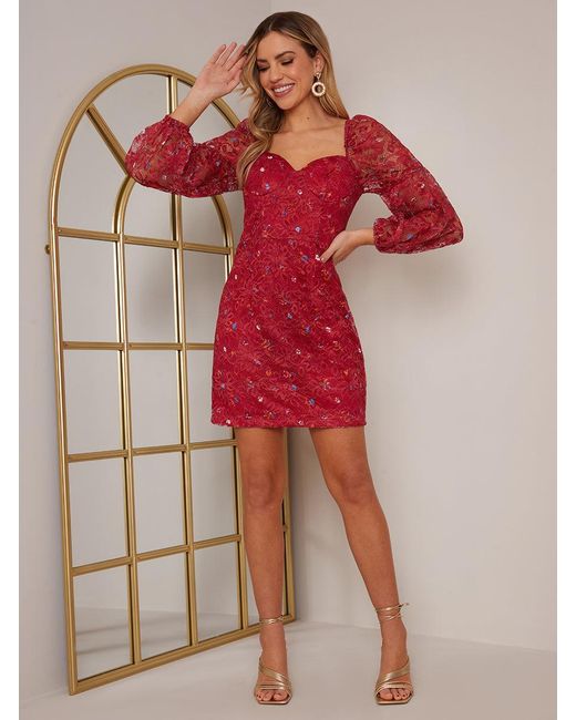 Chi Chi London Red Long Sleeve Floral Lace Mini Dress