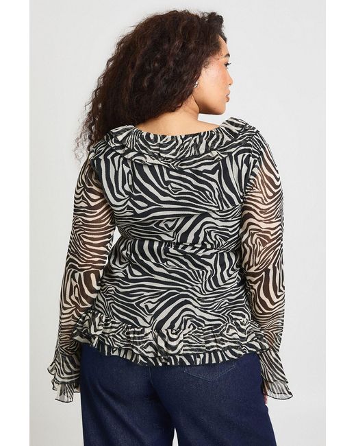 Boohoo Gray Plus Chiffon Zebra Ruffle Top