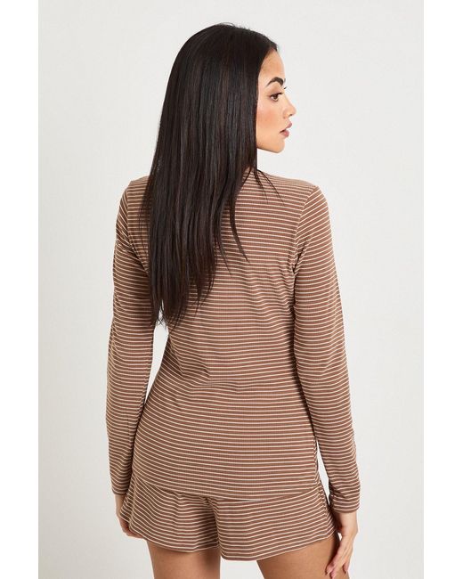 Boohoo Brown Soft Rib Stripe Long Sleeve Top & Short Pyjama Set