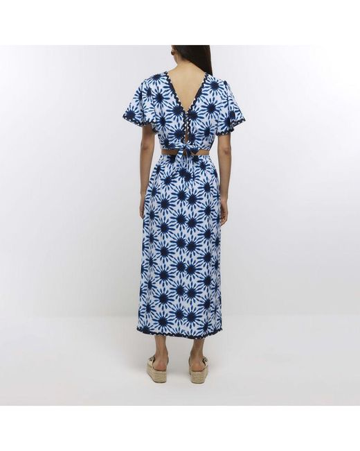 River Island Blue Maxi Skirt Print With Linen Viscose