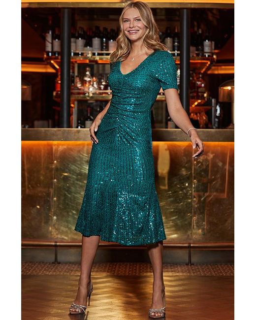 Sosandar Green Petite Jade Sequin Fit & Flare Dress Metallic