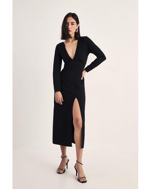 Nasty Gal Black Plunging V-Neckline Split Long Sleeve Midi Dress