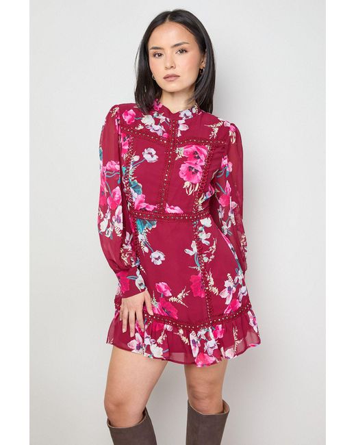 Oasis Red Petite Printed Stud Trim Chiffon Mini Dress