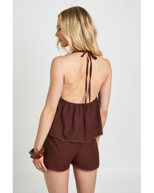 Boohoo Red Petite Linen Look Halterneck Top And Shorts Set