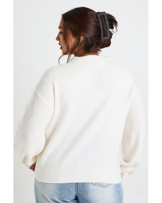 Boohoo White Plus Collared V Neck Knit Top