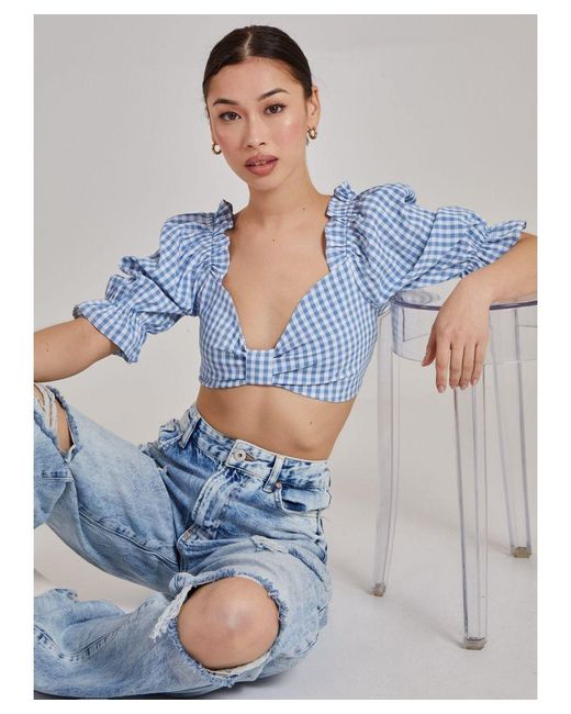 Pink Vanilla Blue Cropped Check Top