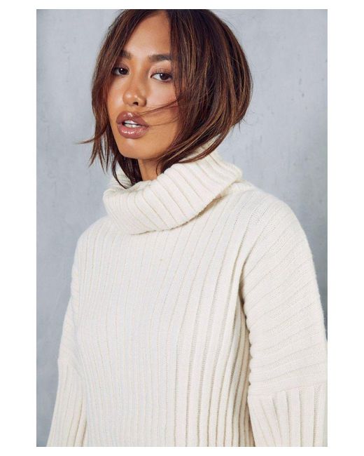 MissPap White Ribbed Roll Neck Cropped Jumper