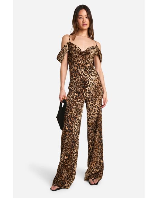 Boohoo Natural Tall Leopard Cowl Front Wide Leg Jumpsuit