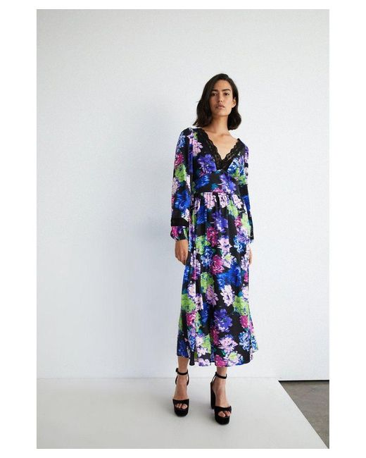 Warehouse Blue Lace Insert Floral Print Midi Dress