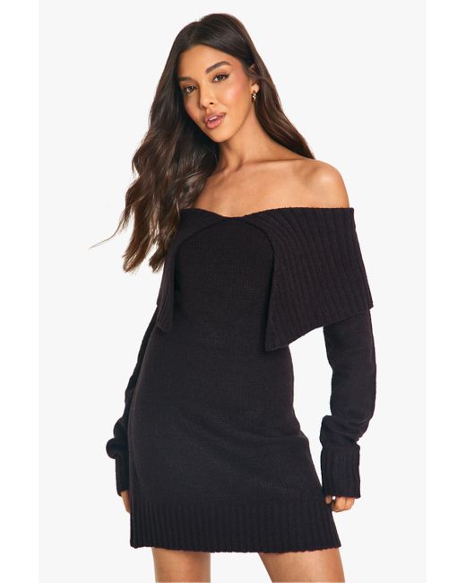 Boohoo Blue Soft Knit Oversized Collar Off The Shoulder Jumper Dress
