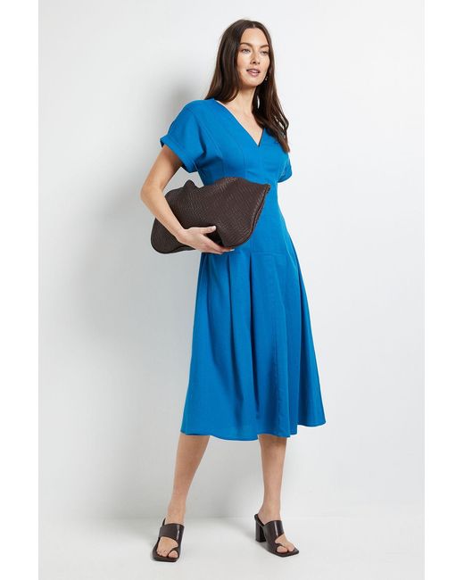 PRINCIPLES Blue Linen Blend Pleat Detail Midi Dress