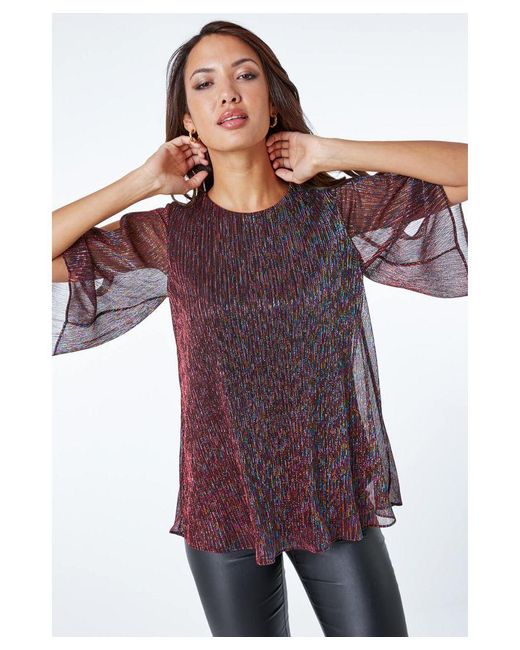 Roman Red Metallic Plisse Overlay Top