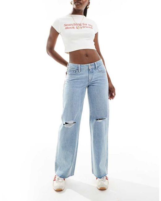 Hollister Blue Low Rise Baggy Raw Hem Jeans