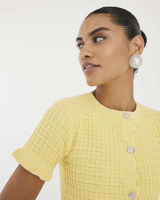 River Island Yellow Cardigan Knit Frill Trim Short Sleeve