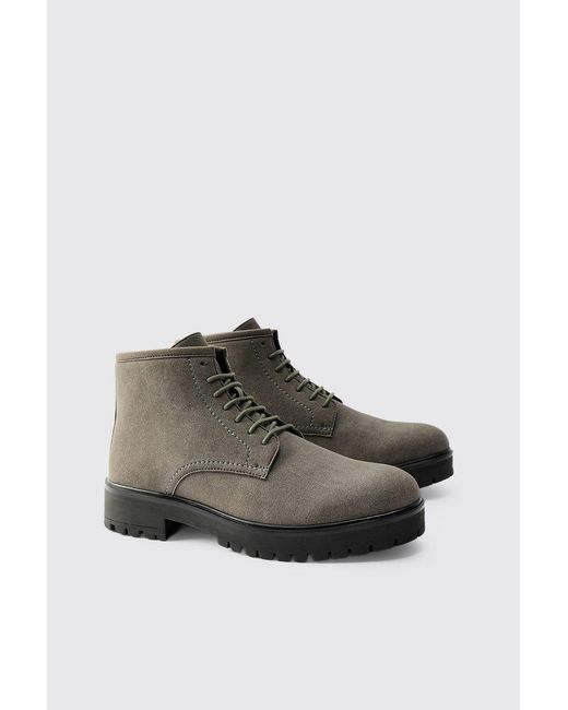 BoohooMAN Gray Faux Suede Chunky Sole Lace Up Boot for men