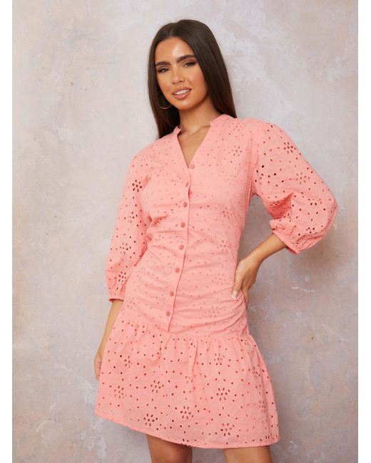 Chi Chi London Pink Broderie Anglaise Shirt Dress