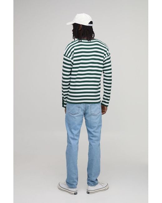 BoohooMAN Blue Regular Fit Henley Striped Knitted Long Sleeve T-Shirt for men
