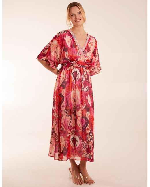 Blue Vanilla Red Embellished Neck V Front V Back Midi