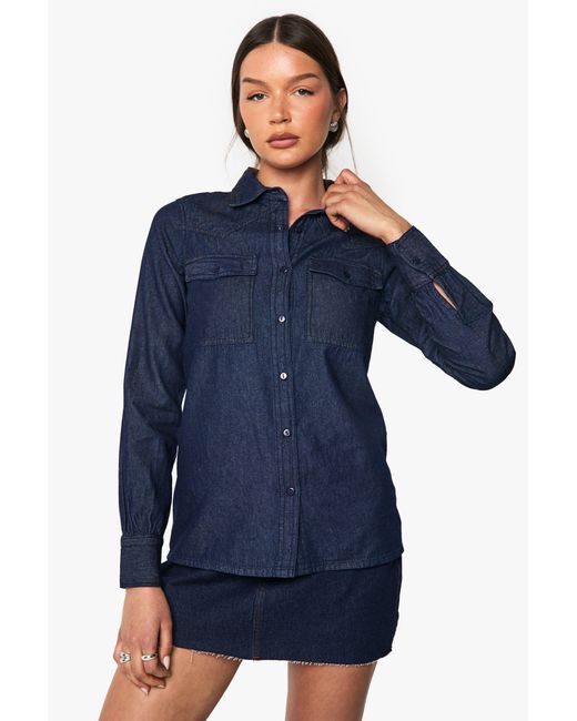 Boohoo Blue Chambray Denim Long Sleeve Western Shirt