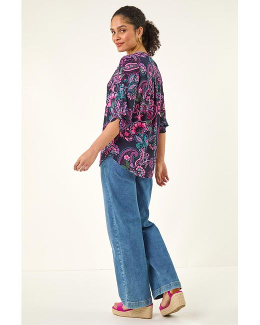Roman Blue Paisley Print V-Neck Stretch Shirt