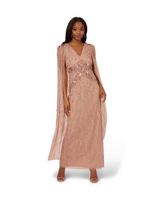 Adrianna Papell Metallic Beaded Cape Long Dress