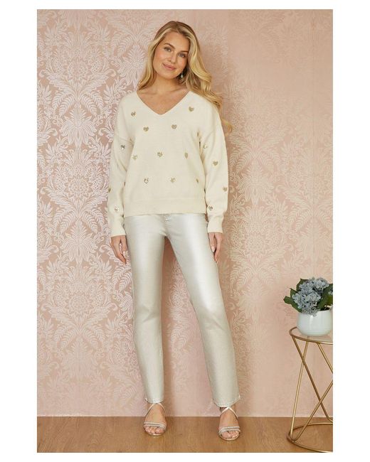 Yumi' Natural Cream Sequin Heart V Neck Jumper