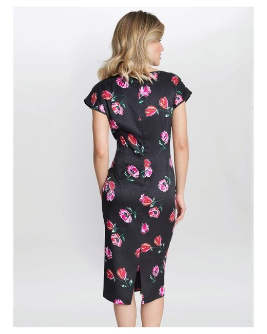 Gina Bacconi Blue Saffron Floral Print Satin Dress With Buckle