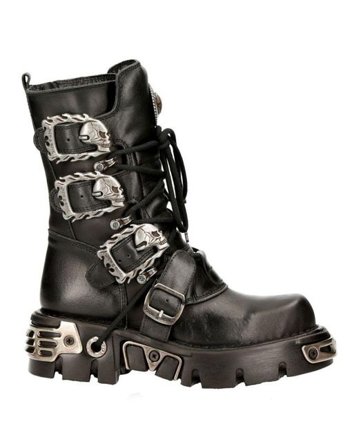New Rock Black Mid-Calf Gothic Leather Boots-391-S1