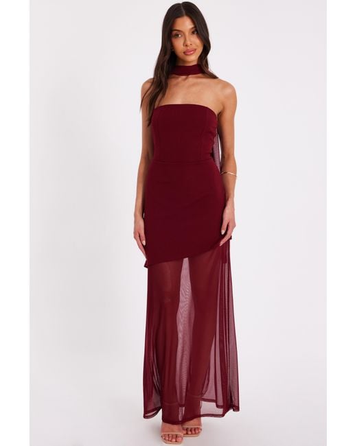 Quiz Red Burgundy Strapless Mesh Hem Maxi Dress