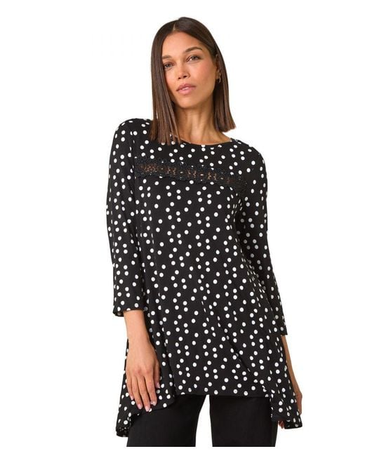 Roman Black Spot Print Lace Trim Stretch Top