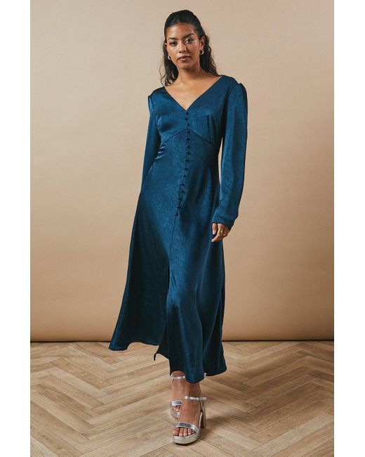 Oasis Blue Petite Satin Button Front Long Sleeve Tea Midi Dress