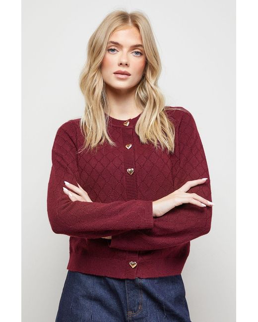 Oasis Red Heart Button Crew Neck Cardigan