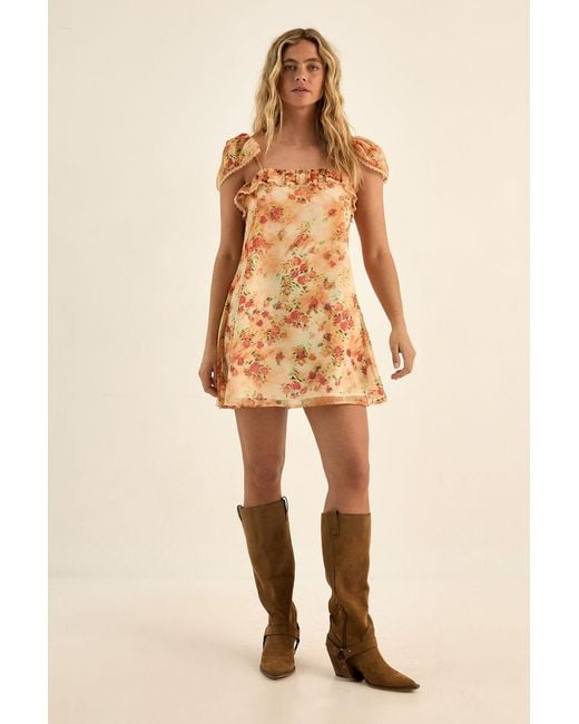 Nasty Gal Natural Ditsy Blurred Floral Chiffon Cap Sleeve Lace Trim Mini Dress