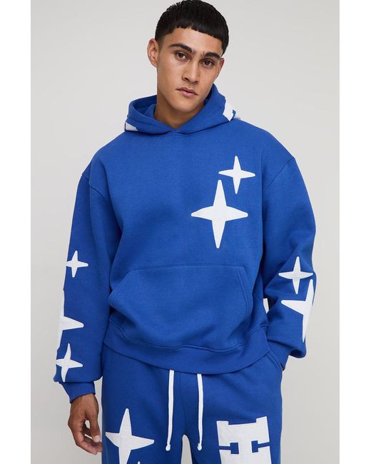 BoohooMAN Blue Oversized Boxy Homme Applique Star Hoodie for men