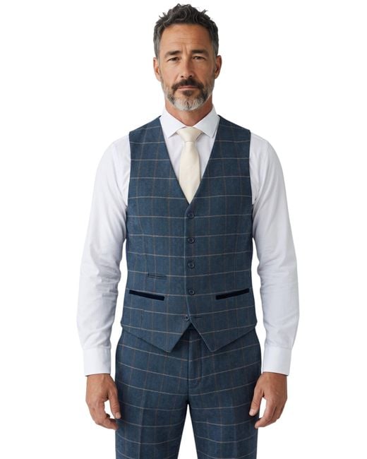 Paul Andrew Blue Tweed Herringbone Check Waistcoat for men