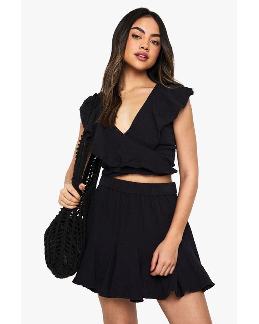 Boohoo Black Cheesecloth Godet Hem Mini Skirt