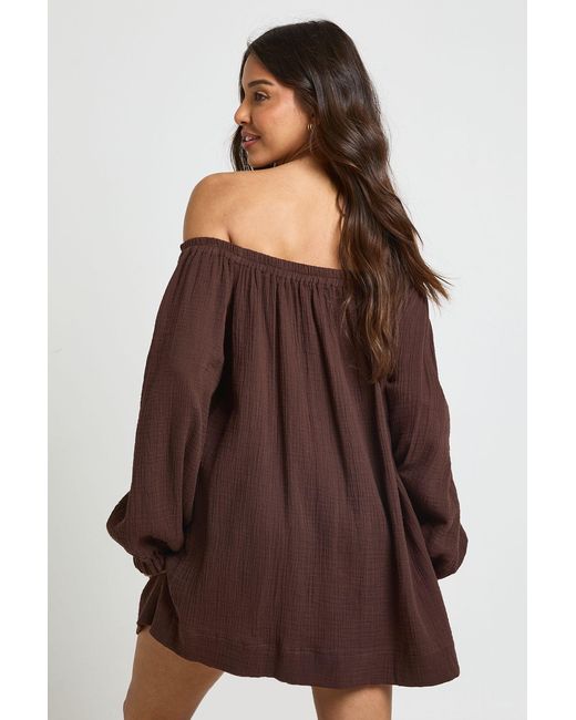 Boohoo Brown Bardot Volume Sleeve Beach Dress