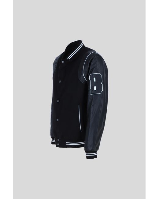 Brampton London Blue 'B' Wool And Real Leather Baseball Jacket With Striped Collar for men