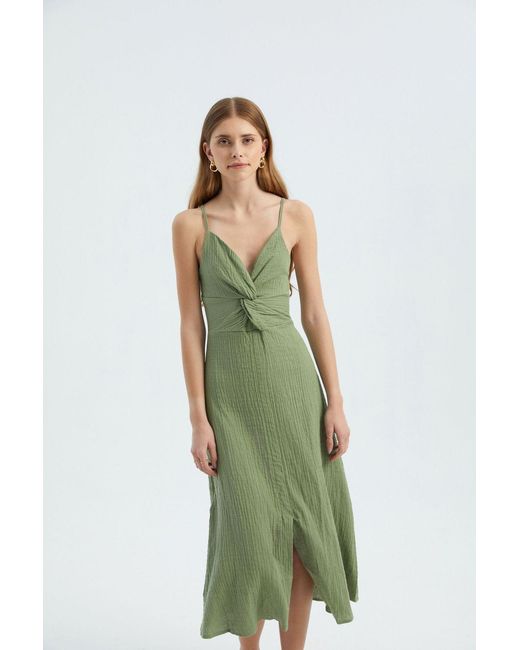 Hiccup Green V Neck Sleeveless Midi Dress With A Side Slit