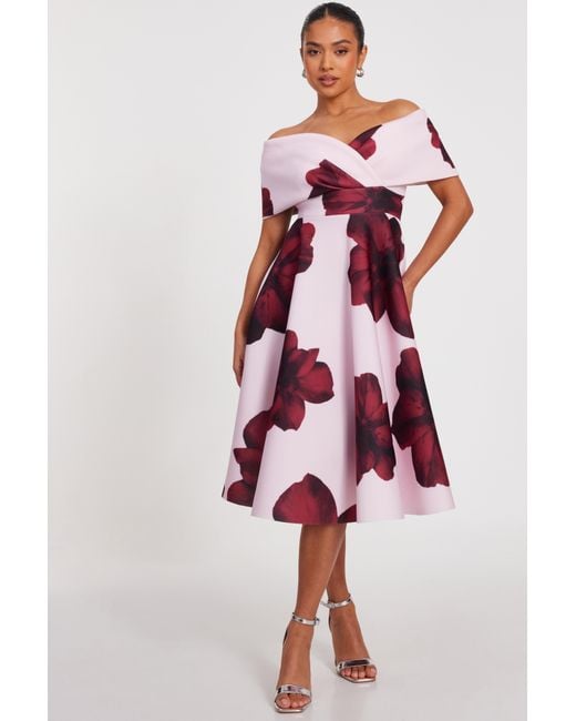 Quiz Red Petite Bardot Floral Skater Dress