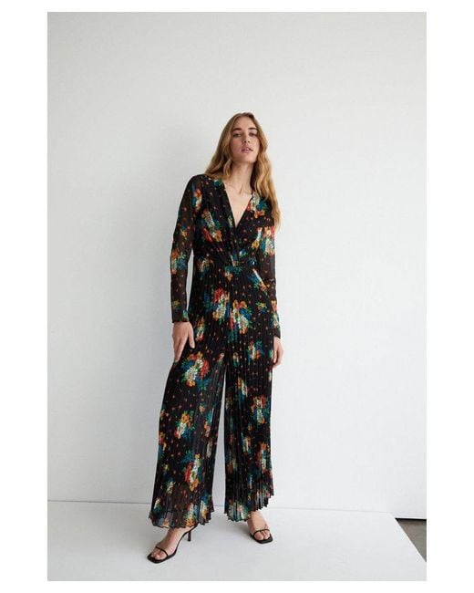 Warehouse White Floral Print Wide Leg Pleated Jumpsuit