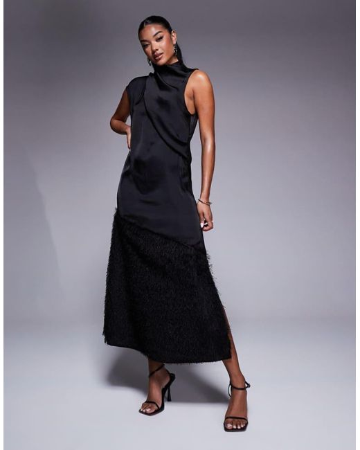 ASOS Blue Asymmetric Column Fringe Hem Satin Midi Dress