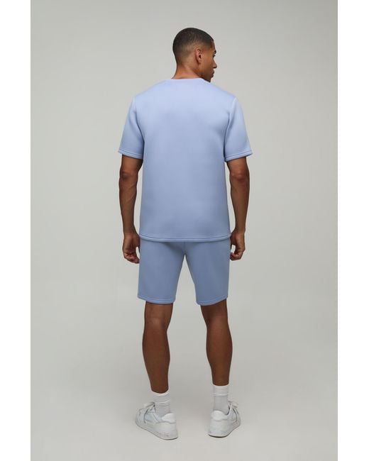 BoohooMAN Blue High Build Rubber Print Regular Fit Bonded Scuba T-Shirt & Slim Pintuck Short Set for men