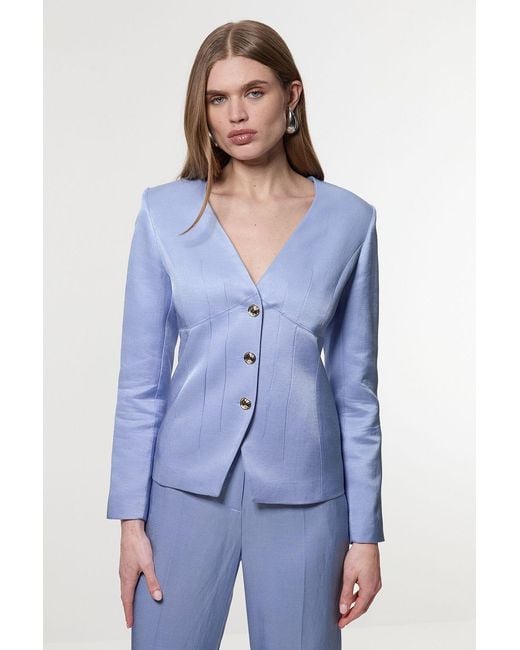 Karen Millen Blue Premium Viscose Linen Tailored Darted Single Breasted Jacket