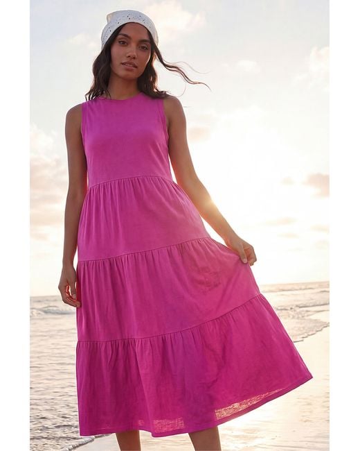 Roman Pink Tiered Midi Smock Dress