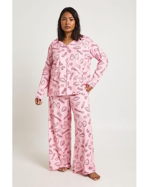 Boohoo Pink Plus Pasta Print Long Sleeve Shirt And Trousers Pyjama Set