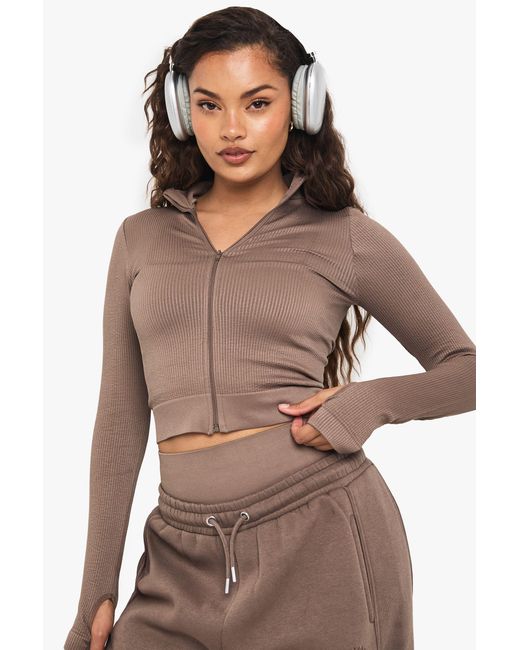 Boohoo Brown Basics Seamless Rib Zip Through Jacket