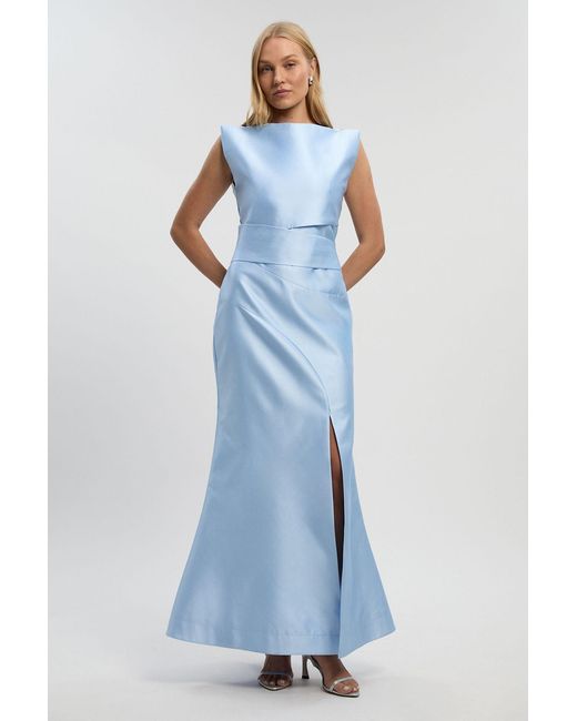 Karen Millen Blue Satin Twill Draped Waist Structured Tailored Maxi Dress